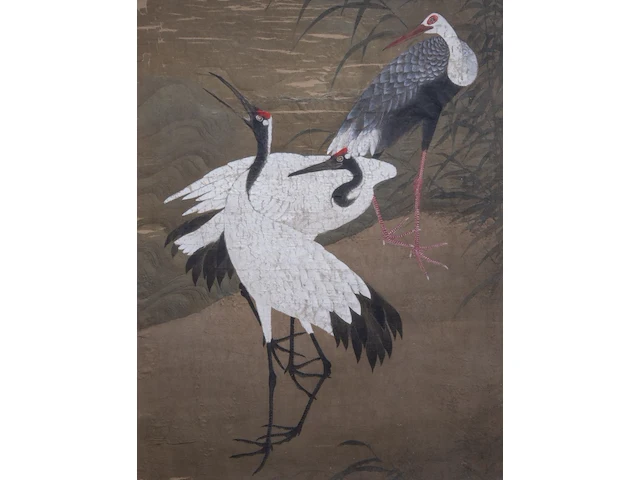 A chinese/japanese 'cranes and bamboo' painting, colour on silk, 19thc, framed 54 x 70 cm - afbeelding 1 van  7