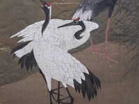 A chinese/japanese 'cranes and bamboo' painting, colour on silk, 19thc, framed 54 x 70 cm