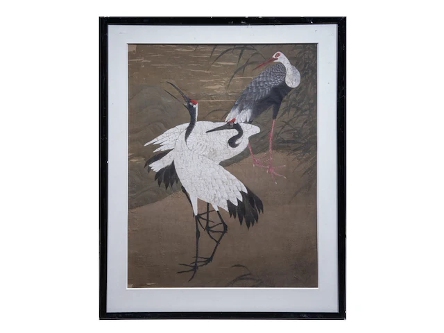 A chinese/japanese 'cranes and bamboo' painting, colour on silk, 19thc, framed 54 x 70 cm - afbeelding 2 van  7