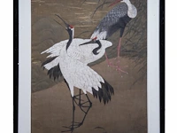 A chinese/japanese 'cranes and bamboo' painting, colour on silk, 19thc, framed 54 x 70 cm - afbeelding 2 van  7
