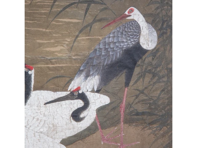 A chinese/japanese 'cranes and bamboo' painting, colour on silk, 19thc, framed 54 x 70 cm - afbeelding 4 van  7