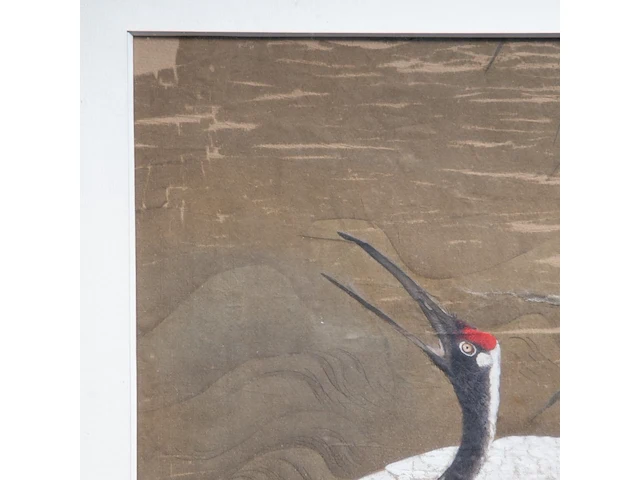 A chinese/japanese 'cranes and bamboo' painting, colour on silk, 19thc, framed 54 x 70 cm - afbeelding 6 van  7