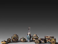 A collection of 10 japanese cloisonné enameled vases, boxes and bowls, 19th/20thc, tallest h 25 cm - afbeelding 6 van  13