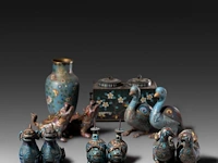 A collection of 12 japanese cloisonné enameled censers in the shape of animals, added a ditto vase and tea caddy, 19th/20thc, tallest h 26,5 cm
