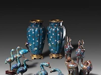 A collection of 13 japanese cloisonné enameled vases and censers in the shape of animals, 19th/20thc, tallest h 37 cm