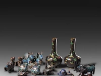 A collection of 18 chinese/japanese cloisonné enameled vases and censers in the shape of animals, 19th/20thc, tallest h 26,5 cm