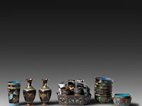 A collection of 40 chinese/japanese cloisonné enameled bowls, vases and napkin rings, 19th/20thc, tallest h 15,5 cm