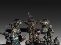 A collection of 7 japanese champlevé enameled bronzes, including mythical figures, vases and censers, 19th/20thc, tallest h 43 cm