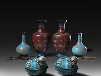 A collection of 8 japanese cloisonné enameled vases, letter knives and censers, 19th/20thc, tallest h 27 cm