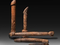 A collection of five large wooden tribal fertility cult phalluses, d.r. congo, h 48 cm (tallest)