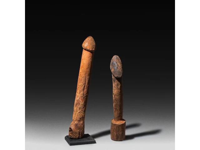 A collection of five large wooden tribal fertility cult phalluses, d.r. congo, h 48 cm (tallest) - afbeelding 3 van  5