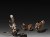 A collection of four african tribal pipes, decorated with phalluses, d.r. congo, l 24 cm (the largest)