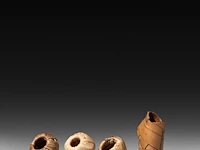 A collection of kapssiki 'cache sexe', penis sheaths, and a fertility doll - afbeelding 7 van  7