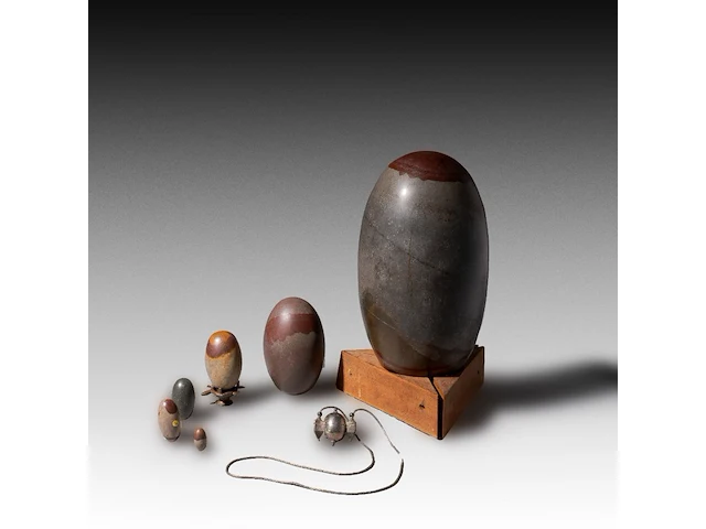 A collection of tantric shiva lingams and one silver lingam (narmada bana) hanger, india, h 34 cm (tallest) - afbeelding 1 van  5