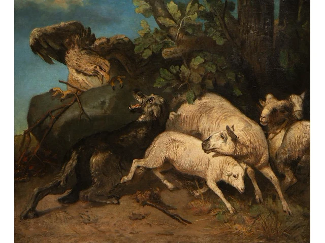 A copy after charles verlat's 'sheepdog defends its flock against the attack of an eagle' (1858), oil on canvas on panel 82 x 100 cm. (32.28 x 39.36 in.), frame: 93 x 109 cm. (36.60 x 42.90 in.) - afbeelding 1 van  5
