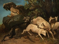 A copy after charles verlat's 'sheepdog defends its flock against the attack of an eagle' (1858), oil on canvas on panel 82 x 100 cm. (32.28 x 39.36 in.), frame: 93 x 109 cm. (36.60 x 42.90 in.)