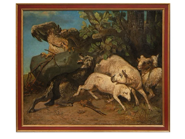 A copy after charles verlat's 'sheepdog defends its flock against the attack of an eagle' (1858), oil on canvas on panel 82 x 100 cm. (32.28 x 39.36 in.), frame: 93 x 109 cm. (36.60 x 42.90 in.) - afbeelding 2 van  5