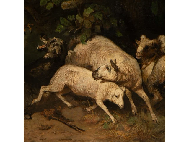 A copy after charles verlat's 'sheepdog defends its flock against the attack of an eagle' (1858), oil on canvas on panel 82 x 100 cm. (32.28 x 39.36 in.), frame: 93 x 109 cm. (36.60 x 42.90 in.) - afbeelding 4 van  5