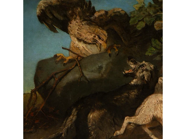 A copy after charles verlat's 'sheepdog defends its flock against the attack of an eagle' (1858), oil on canvas on panel 82 x 100 cm. (32.28 x 39.36 in.), frame: 93 x 109 cm. (36.60 x 42.90 in.) - afbeelding 5 van  5