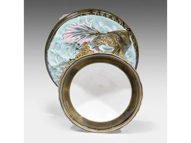A delphin massier (1836-1907) stand matched with a polychrome eichwald jardinière on a dolphin base, total h: 137 cm - afbeelding 4 van  17