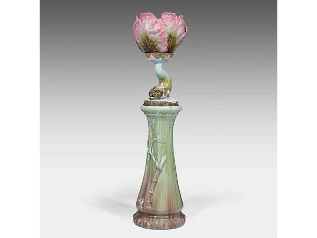 A delphin massier (1836-1907) stand matched with a polychrome eichwald jardinière on a dolphin base, total h: 137 cm - afbeelding 1 van  17