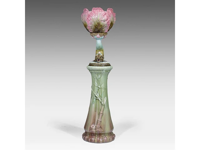 A delphin massier (1836-1907) stand matched with a polychrome eichwald jardinière on a dolphin base, total h: 137 cm - afbeelding 10 van  17