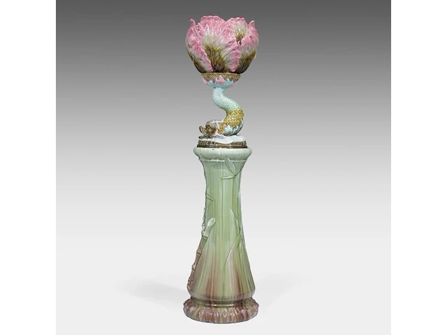 A delphin massier (1836-1907) stand matched with a polychrome eichwald jardinière on a dolphin base, total h: 137 cm - afbeelding 11 van  17