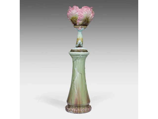 A delphin massier (1836-1907) stand matched with a polychrome eichwald jardinière on a dolphin base, total h: 137 cm - afbeelding 12 van  17