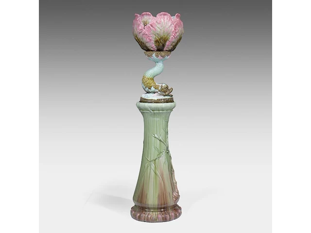 A delphin massier (1836-1907) stand matched with a polychrome eichwald jardinière on a dolphin base, total h: 137 cm - afbeelding 13 van  17