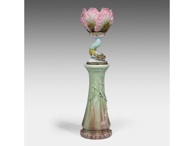 A delphin massier (1836-1907) stand matched with a polychrome eichwald jardinière on a dolphin base, total h: 137 cm - afbeelding 14 van  17
