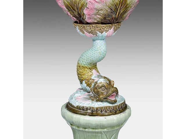 A delphin massier (1836-1907) stand matched with a polychrome eichwald jardinière on a dolphin base, total h: 137 cm - afbeelding 15 van  17