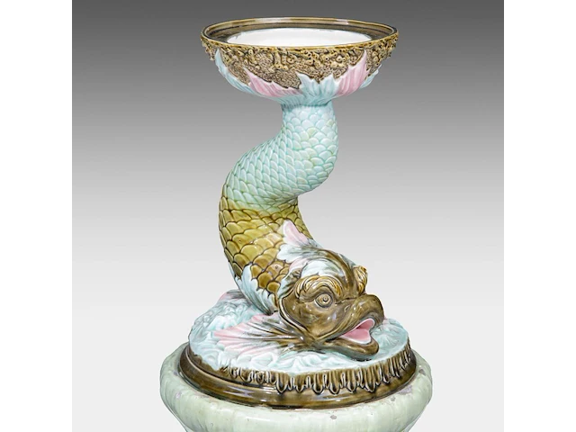 A delphin massier (1836-1907) stand matched with a polychrome eichwald jardinière on a dolphin base, total h: 137 cm - afbeelding 17 van  17