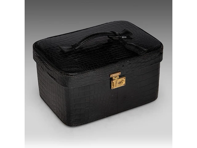 A delvaux vanity case in croco leather, with palladium hardware, ca 1980, h 17 - w 31 - d 23 cm - afbeelding 1 van  13