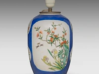 A famille verte and blue ground 'flower garden' jar, 19thc, fixed with lamp mounts, total h 55,3 cm