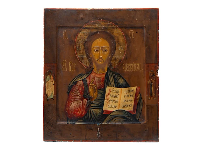 A fine 19thc russian orthodox icon of christ pantokrator 35.5 x 31.5 cm. (13.98 x 12.40 in.) - afbeelding 1 van  2
