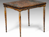 A fine art deco maison franck tortoiseshell bridge table, the top inlaid with a fine chinese silk and gold thread 'dragon' embroidery 76 x 80.5 x 70.5 cm. (29.92 x 31.69 x 27.76 in.)