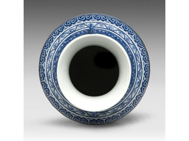A fine chinese blue and white 'peony' hu vase, paired with dragon handles, late 18thc / begin 19thc, h 53 cm - afbeelding 8 van  12