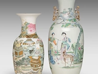 A fine chinese famille rose, and a qianjiangcai vase, both signed at the back, one paired with lingzhi handles, republic period, h 45 - 58,5 cm