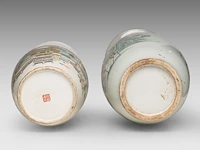 A fine chinese famille rose, and a qianjiangcai vase, both signed at the back, one paired with lingzhi handles, republic period, h 45 - 58,5 cm - afbeelding 6 van  6