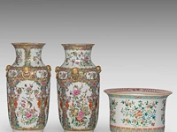 A fine chinese famille rose 'auspicious emblems' planter and a pair of canton rose vases, 19thc, tallest h 37,5 cm
