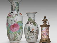 A fine chinese famille rose 'birds and flowers' vase, a signed text, late 19thc, h 59,5 cm - added two famille rose vases, 19thc, 42,5 cm