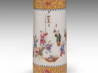 A fine chinese famille rose 'playful boys' cylindrical vase, with a guangxu mark, h 28 cm