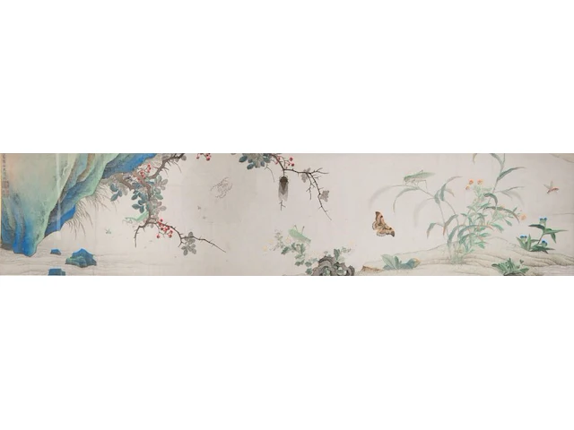 A fine chinese painting, 'butterflies and insects in lush nature', colour on paper, signed yun bing (1771-1823), 150 x 47 cm - afbeelding 1 van  7