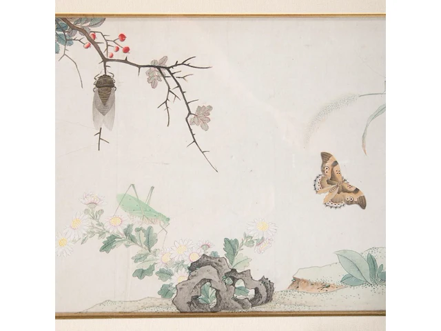 A fine chinese painting, 'butterflies and insects in lush nature', colour on paper, signed yun bing (1771-1823), 150 x 47 cm - afbeelding 5 van  7
