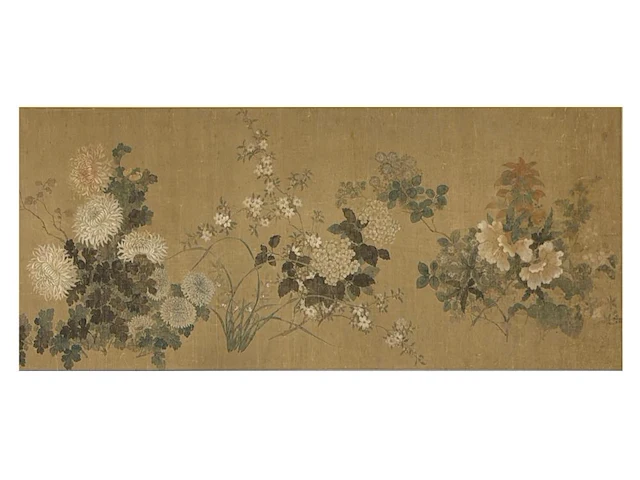 A fine chinese painting, 'chrysanthemums and peonies', colour on silk, ming dynasty, framed 182 x 91,5 cm - afbeelding 1 van  4