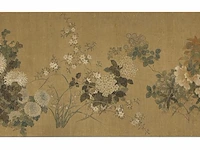 A fine chinese painting, 'chrysanthemums and peonies', colour on silk, ming dynasty, framed 182 x 91,5 cm