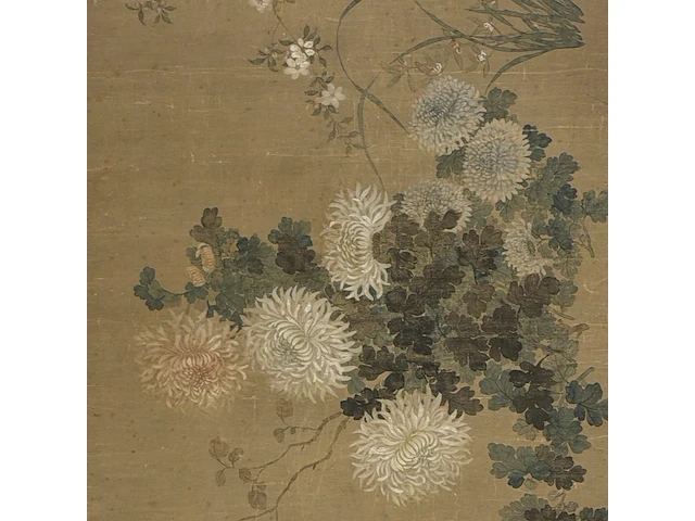 A fine chinese painting, 'chrysanthemums and peonies', colour on silk, ming dynasty, framed 182 x 91,5 cm - afbeelding 4 van  4