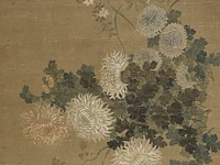A fine chinese painting, 'chrysanthemums and peonies', colour on silk, ming dynasty, framed 182 x 91,5 cm - afbeelding 4 van  4