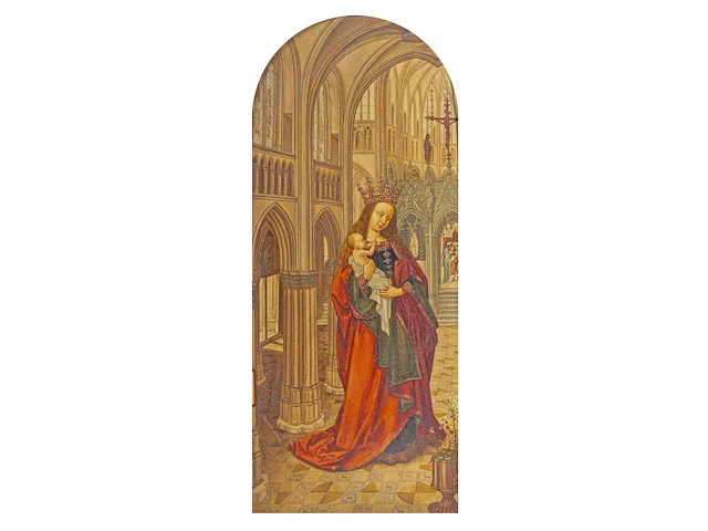 A fine copy after the left wing of the diptych of christiaan de hondt, abbot of ter duinen in koksijde, by the master of 1499, oil on oak 33 x 15.5 cm. (12.99 x 6.09 in.), frame: 43 x 25.5 cm. (16.92 x 10.03 in.) - afbeelding 1 van  4
