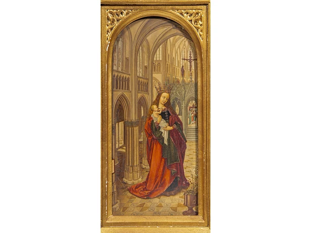A fine copy after the left wing of the diptych of christiaan de hondt, abbot of ter duinen in koksijde, by the master of 1499, oil on oak 33 x 15.5 cm. (12.99 x 6.09 in.), frame: 43 x 25.5 cm. (16.92 x 10.03 in.) - afbeelding 2 van  4